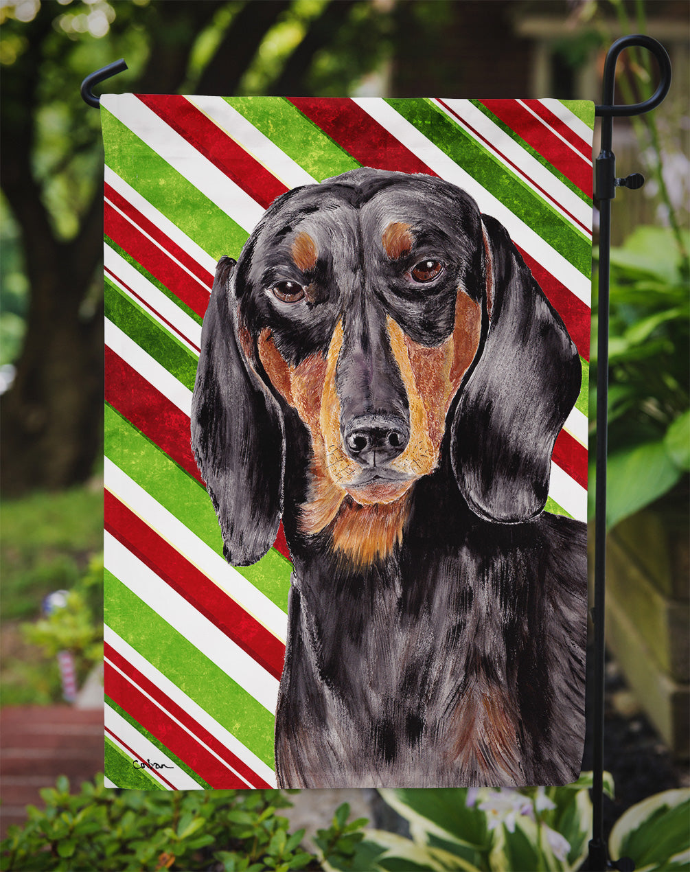 Dachshund Candy Cane Holiday Christmas Flag Garden Size.