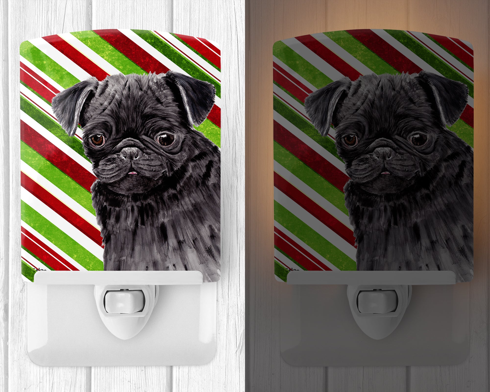 Pug Candy Cane Holiday Christmas Ceramic Night Light SC9326CNL - the-store.com