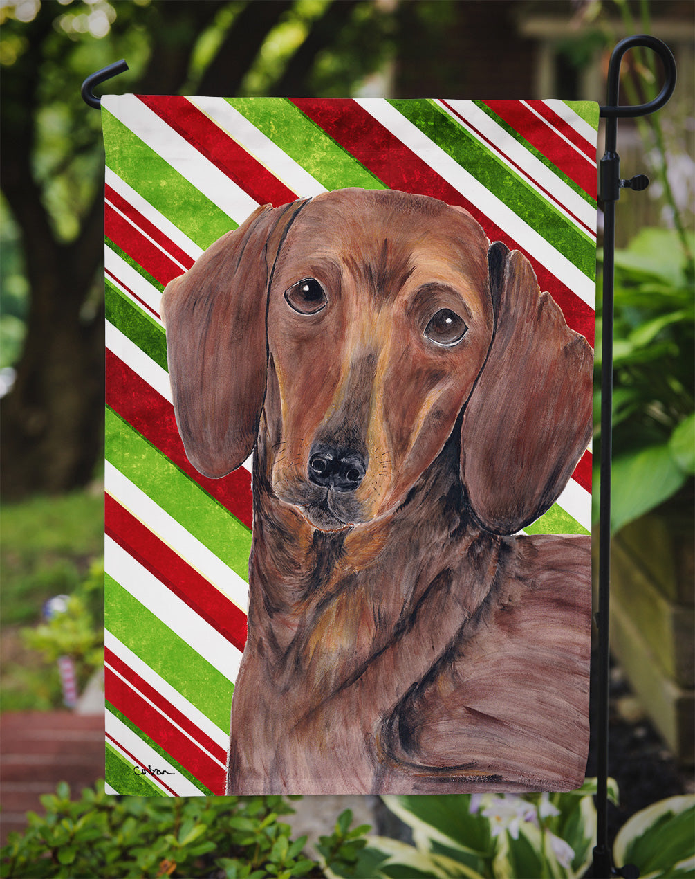 Dachshund Candy Cane Holiday Christmas Flag Garden Size.