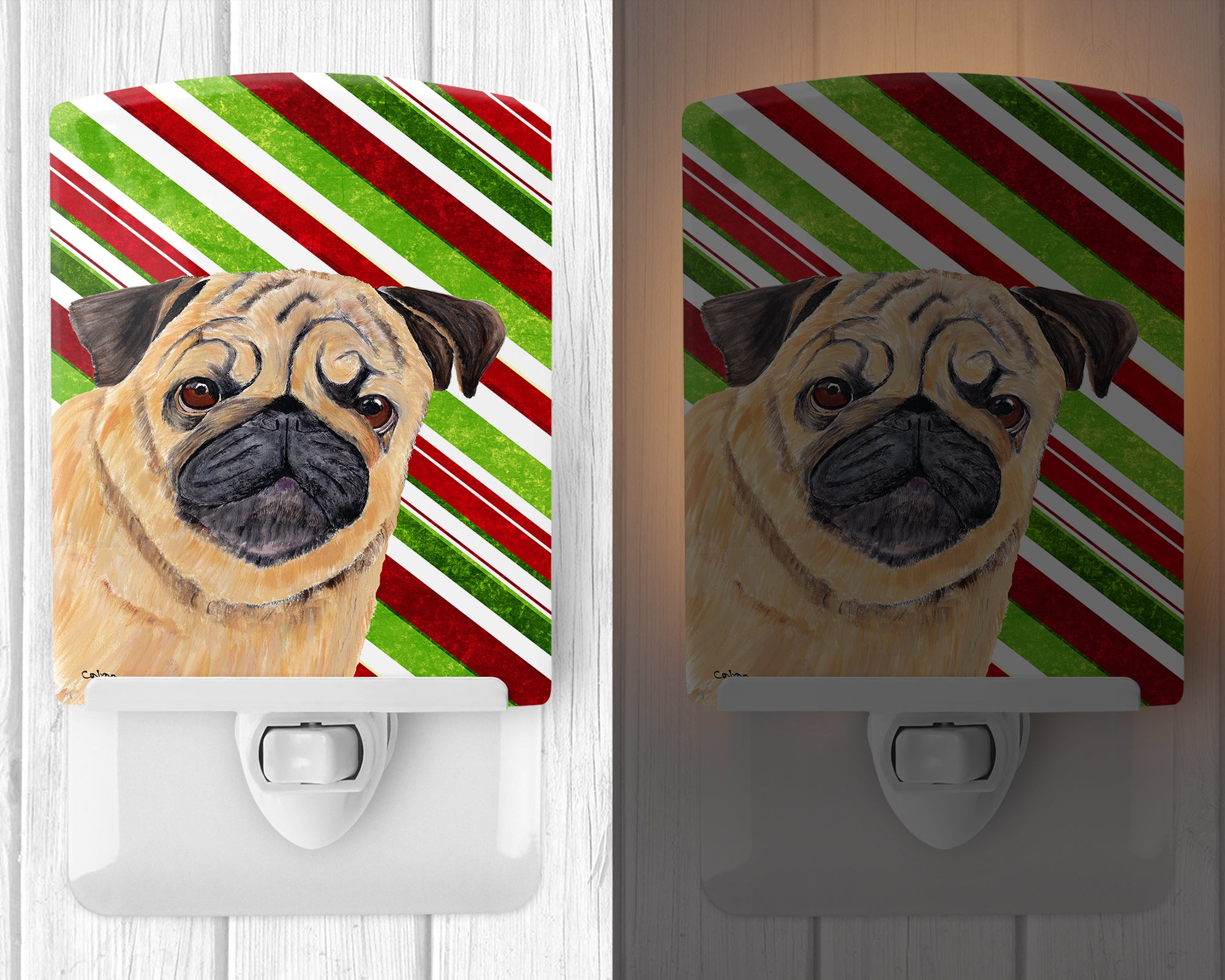 Pug Candy Cane Holiday Christmas Ceramic Night Light SC9331CNL - the-store.com