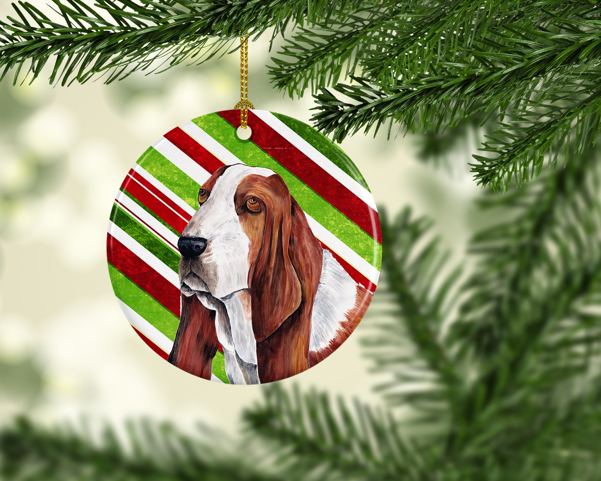 Basset Hound Candy Cane Holiday Christmas  Ceramic Ornament SC9332 - the-store.com