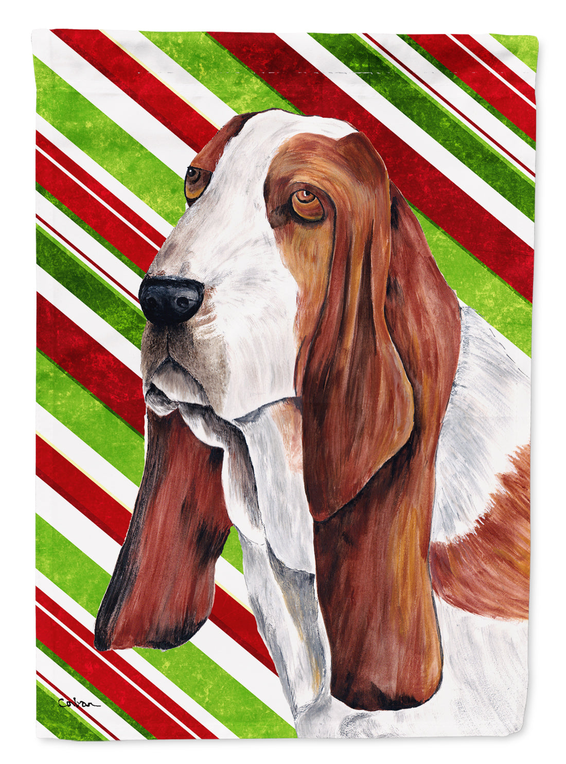 Basset Hound Candy Cane Holiday Christmas Flag Garden Size.