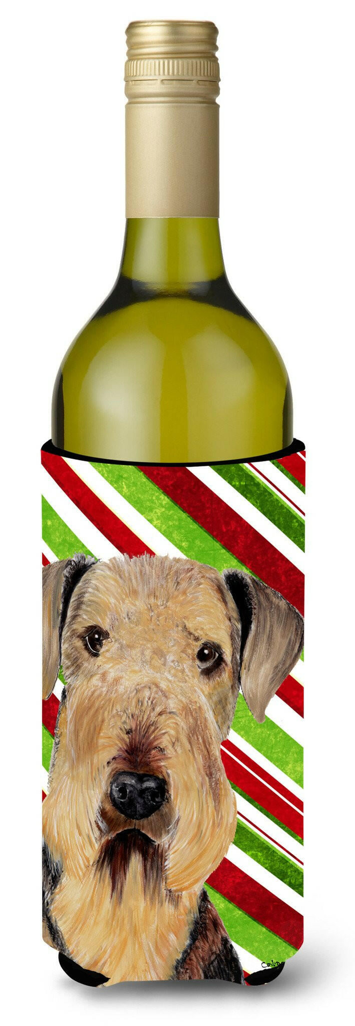 Airedale Candy Cane Holiday Christmas Wine Bottle Beverage Insulator Beverage Insulator Hugger SC9333LITERK by Caroline's Treasures