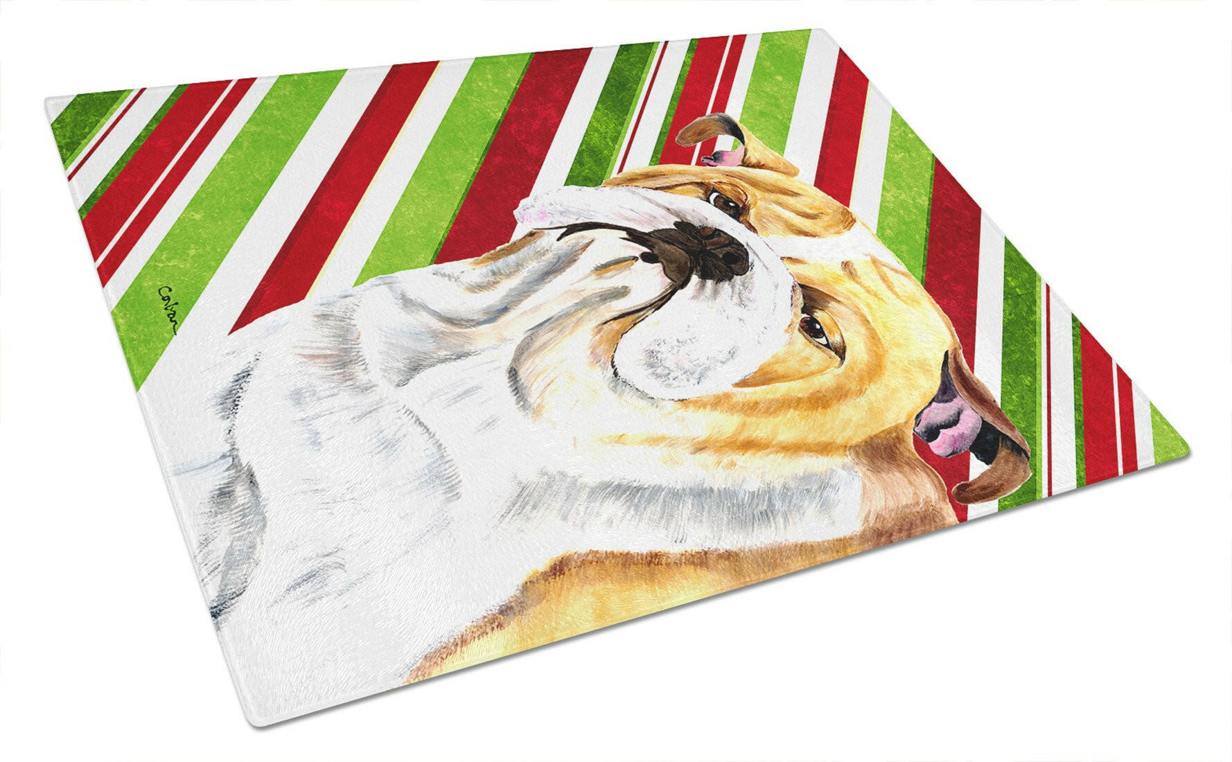 Bulldog English Candy Cane Holiday Christmas Glass Cutting Board Large by Caroline's Treasures