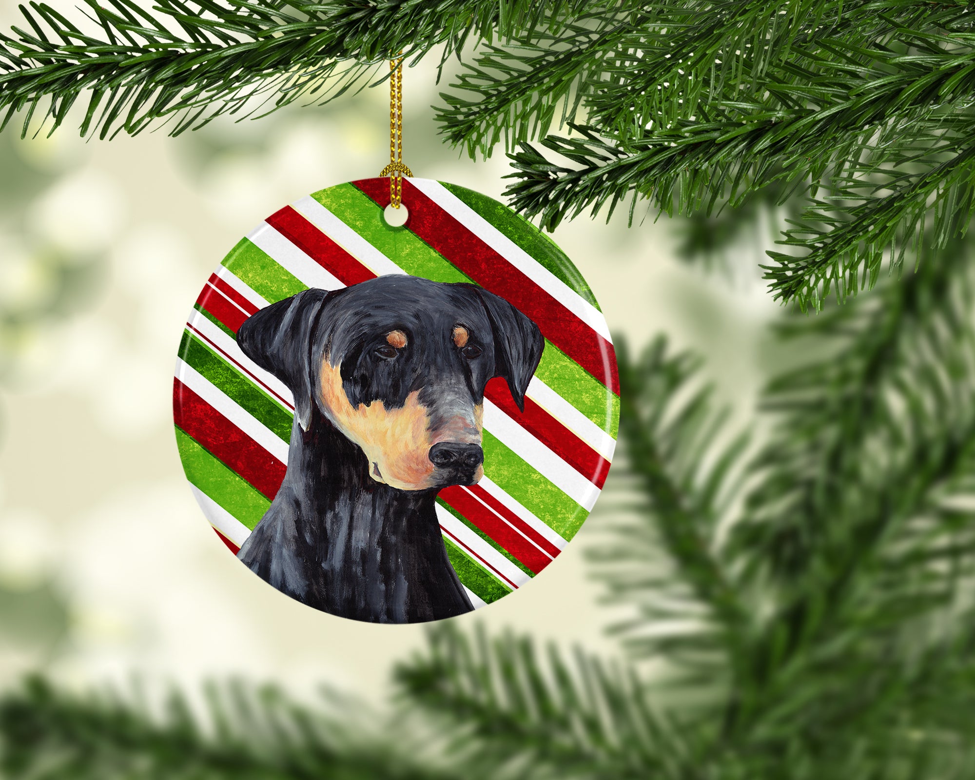 Doberman Candy Cane Holiday Christmas  Ceramic Ornament SC9337 - the-store.com