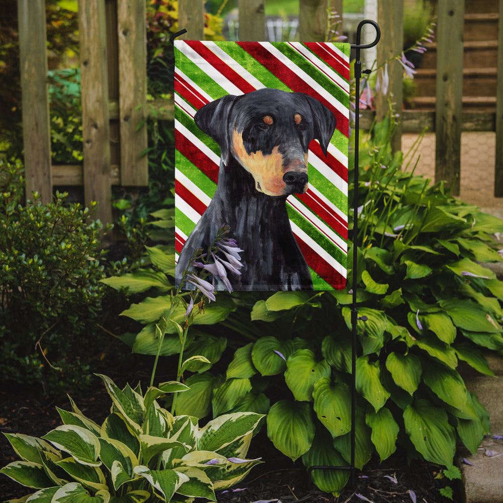 Doberman Candy Cane Holiday Christmas Flag Garden Size.