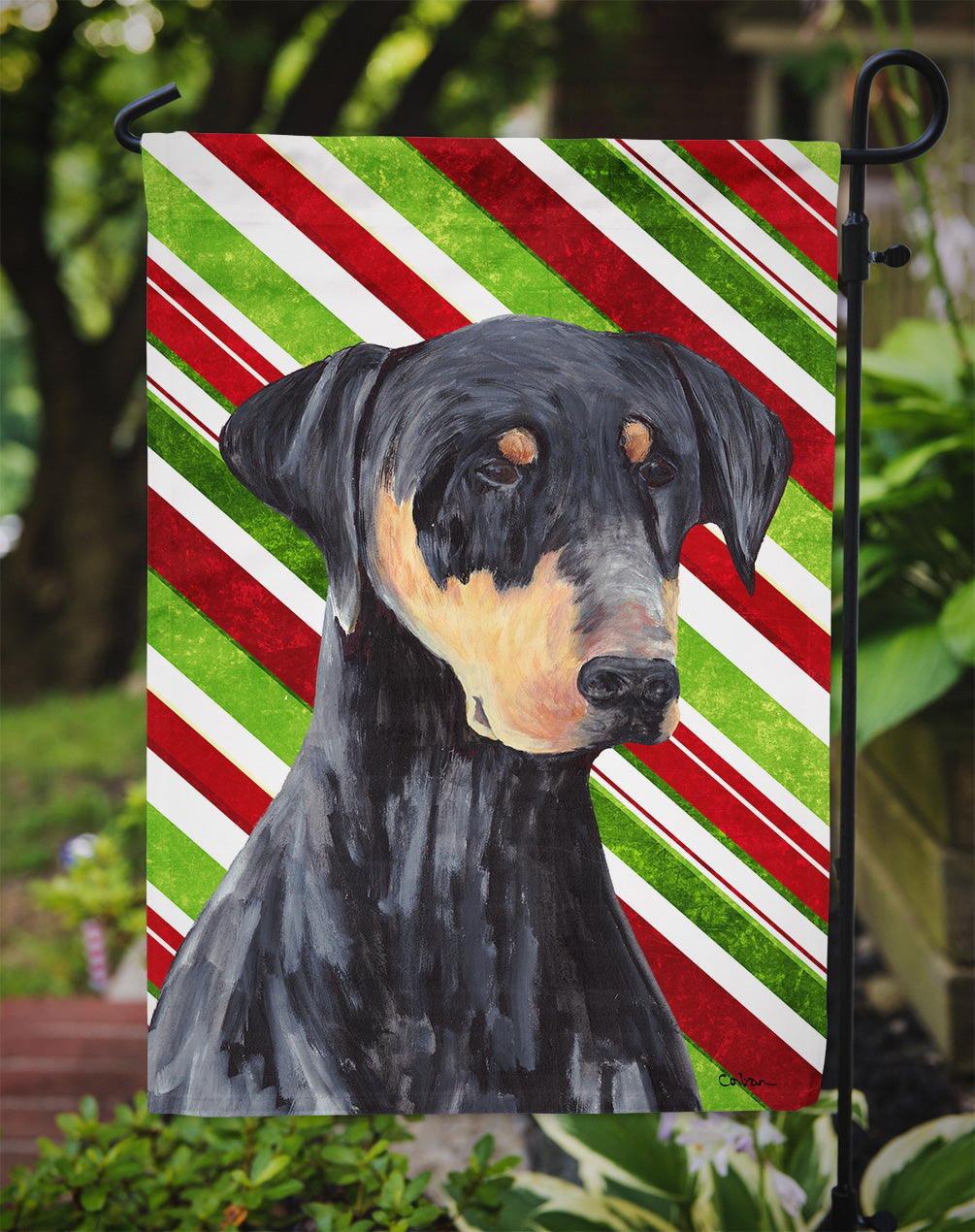 Doberman Candy Cane Holiday Christmas Flag Garden Size.