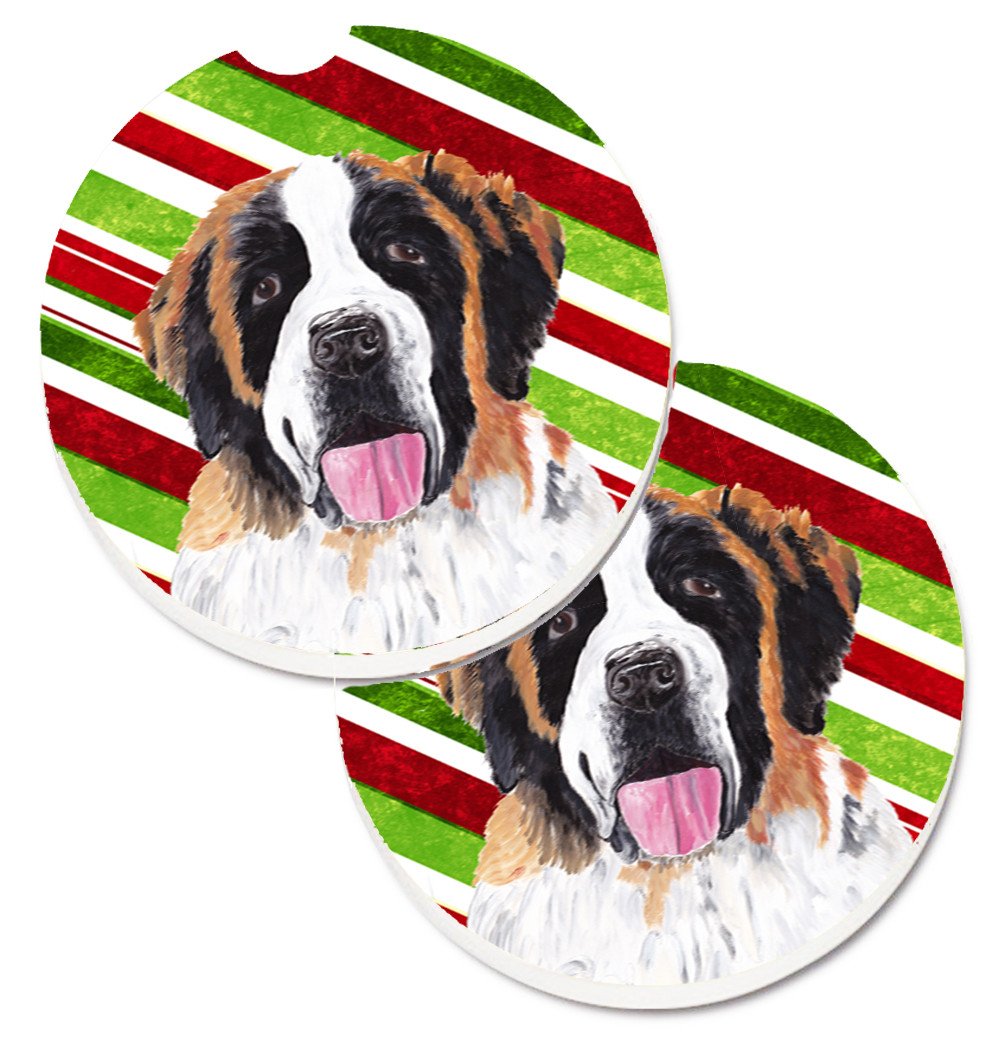 Saint Bernard Candy Cane Holiday Christmas Set of 2 Cup Holder Car Coasters SC9342CARC by Caroline's Treasures