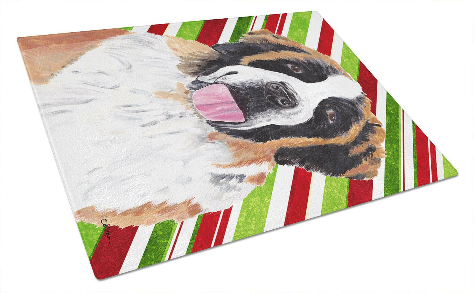 Saint Bernard Candy Cane Holiday Christmas Glass Cutting Board Large by Caroline's Treasures