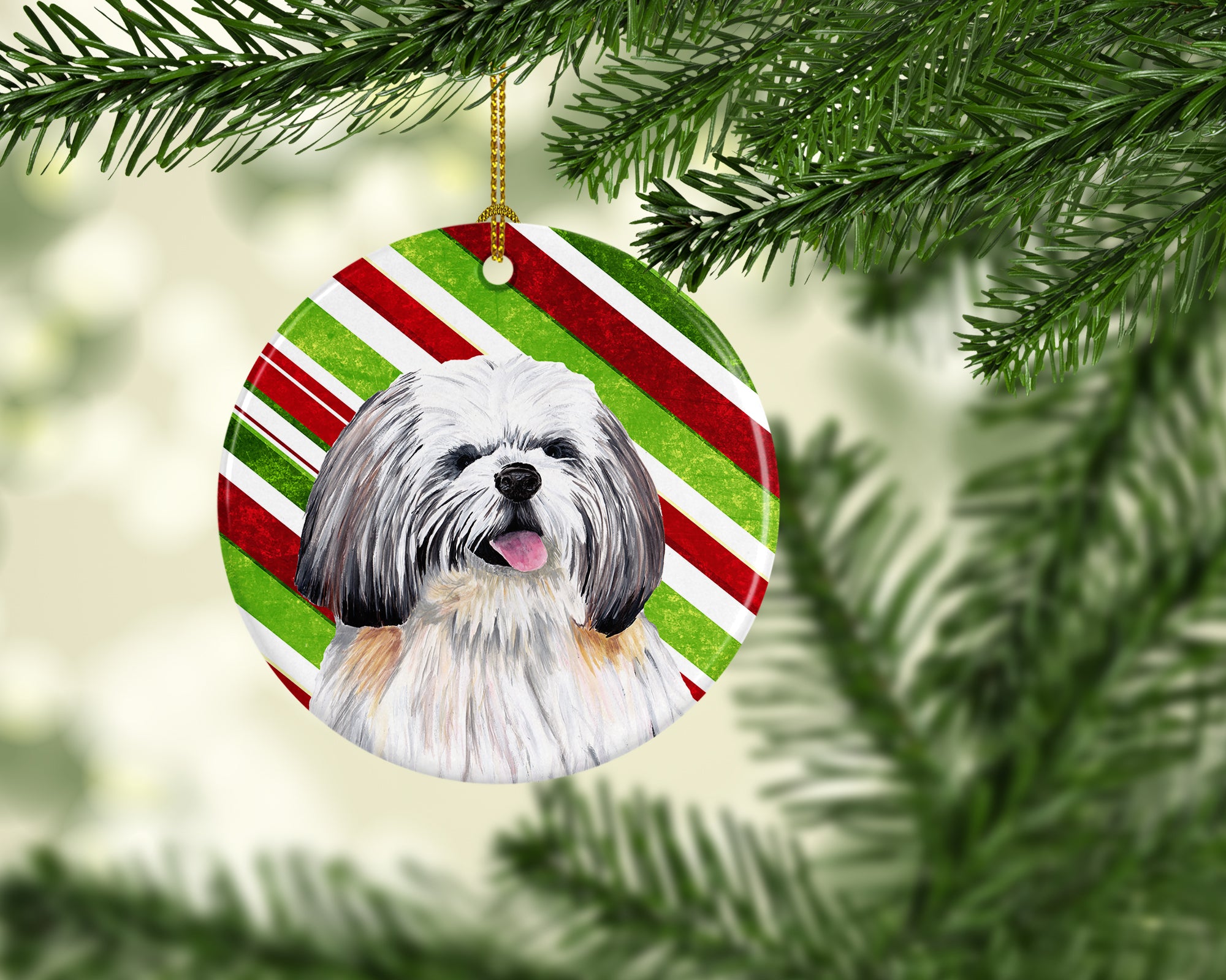 Shih Tzu Candy Cane Holiday Christmas  Ceramic Ornament SC9343 - the-store.com