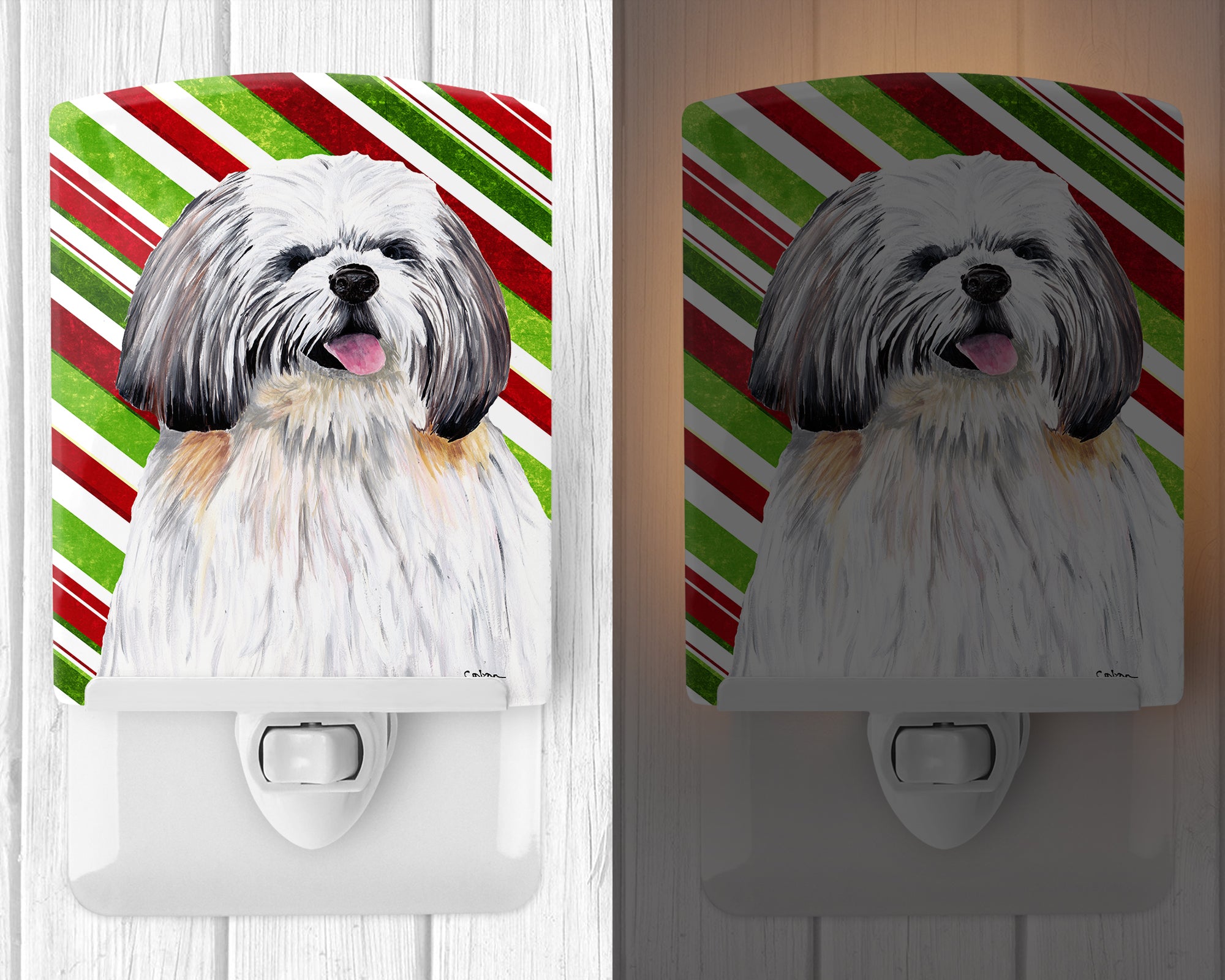 Shih Tzu Candy Cane Holiday Christmas Ceramic Night Light SC9343CNL - the-store.com