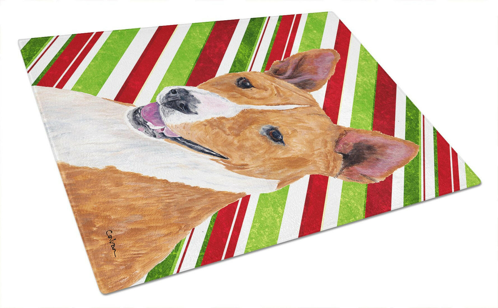 Basenji Candy Cane Holiday Christmas Glass Cutting Board Large by Caroline's Treasures