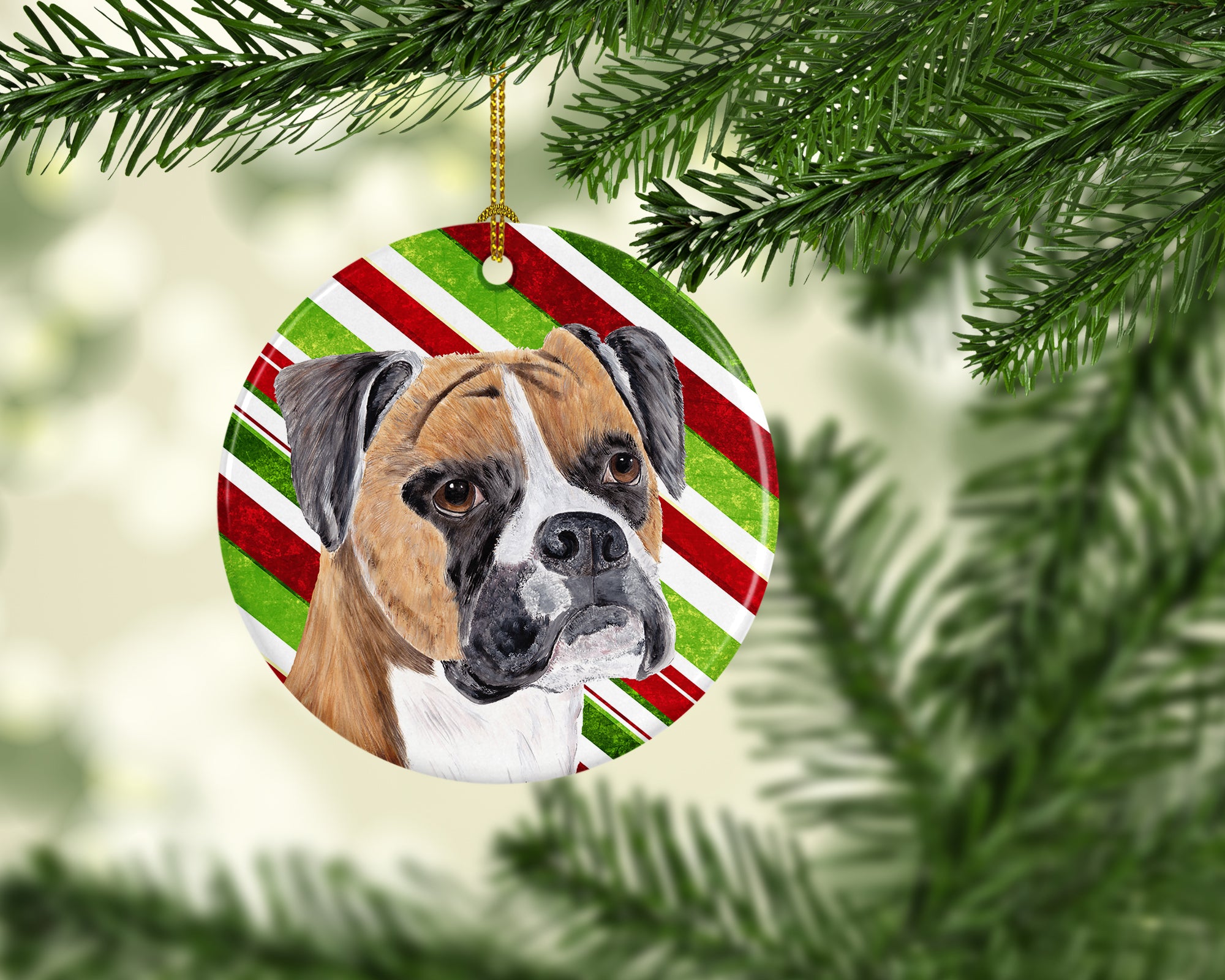 Boxer Candy Cane Holiday Christmas  Ceramic Ornament SC9350 - the-store.com