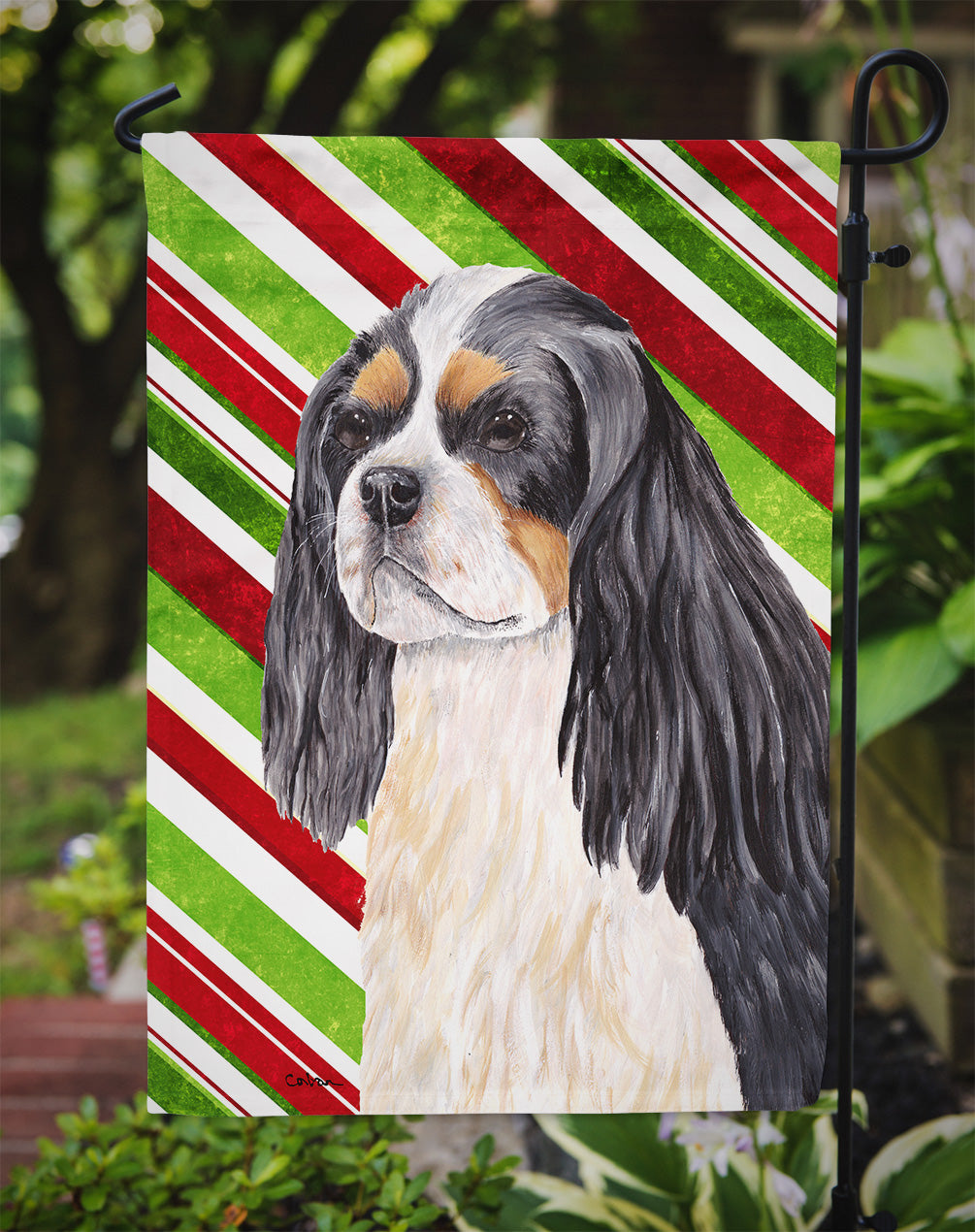 Cavalier Spaniel Candy Cane Holiday Christmas Flag Garden Size.