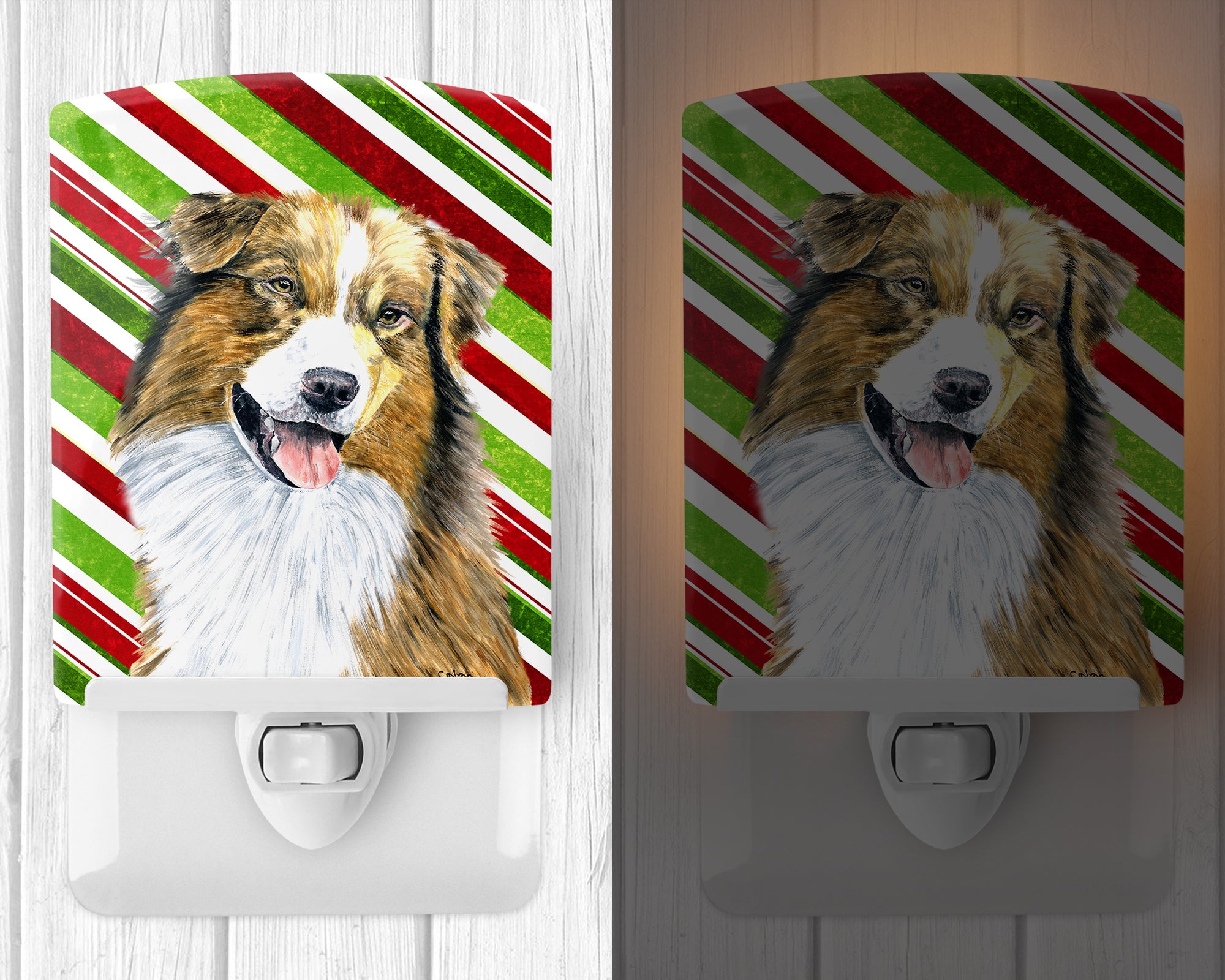 Australian Shepherd Candy Cane Holiday Christmas Ceramic Night Light SC9357CNL - the-store.com