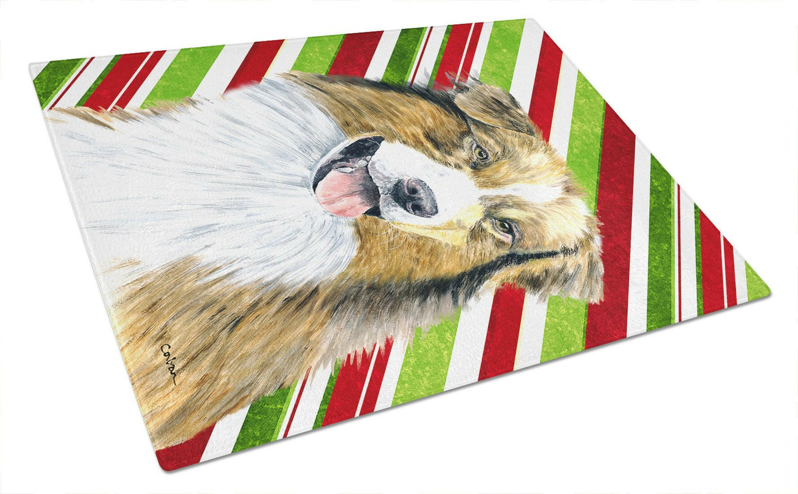 Australian Shepherd Candy Cane Holiday Christmas Glass Cutting Board Large by Caroline's Treasures