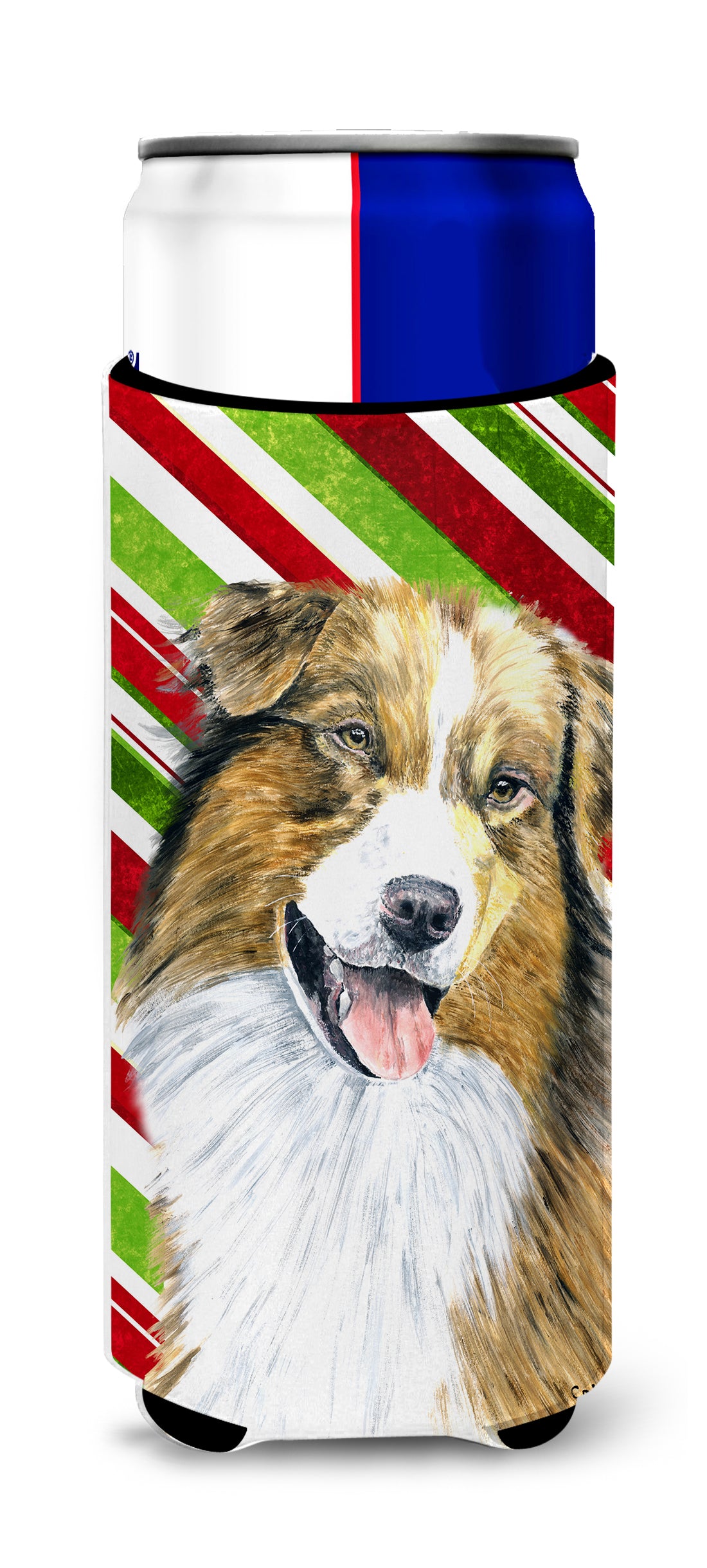 Australian Shepherd Candy Cane Holiday Christmas Ultra Beverage Insulators for slim cans SC9357MUK.