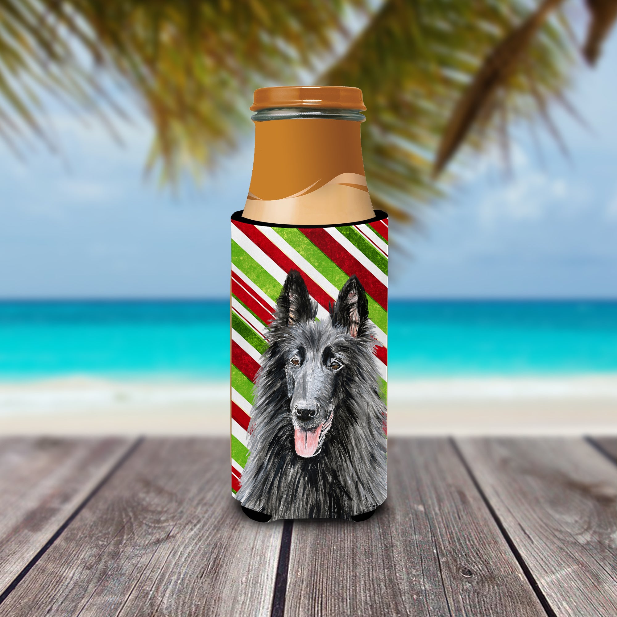 Belgian Sheepdog Candy Cane Holiday Christmas Ultra Beverage Insulators for slim cans SC9358MUK.