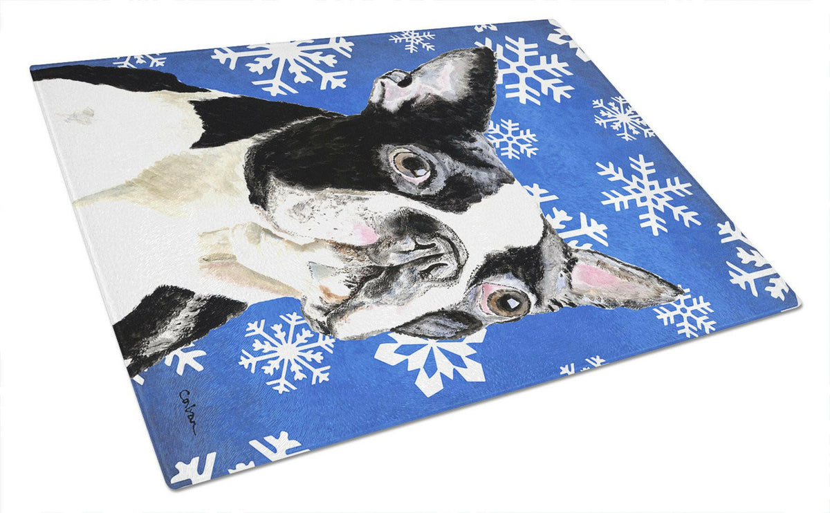 Boston Terrier Winter Snowflakes Holiday Glass Cutting Board Large by Caroline&#39;s Treasures