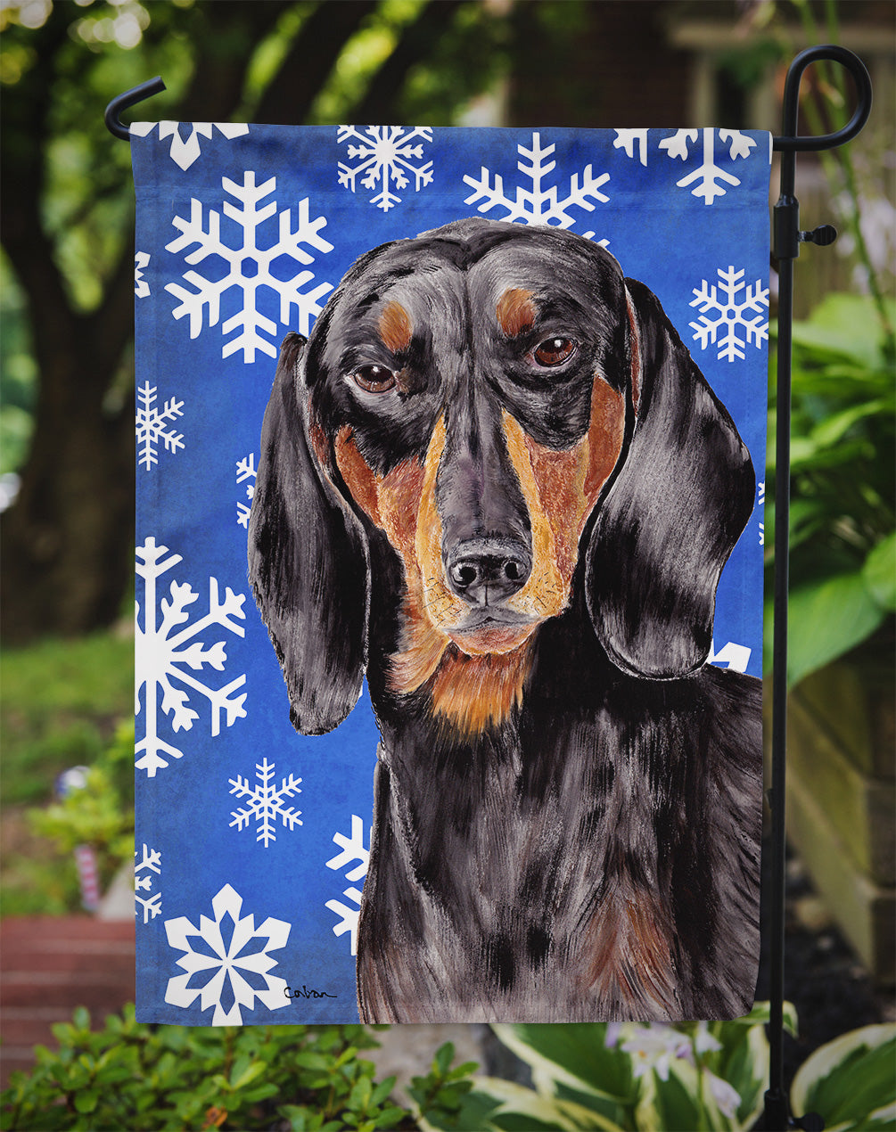 Dachshund Winter Snowflakes Holiday Flag Garden Size.