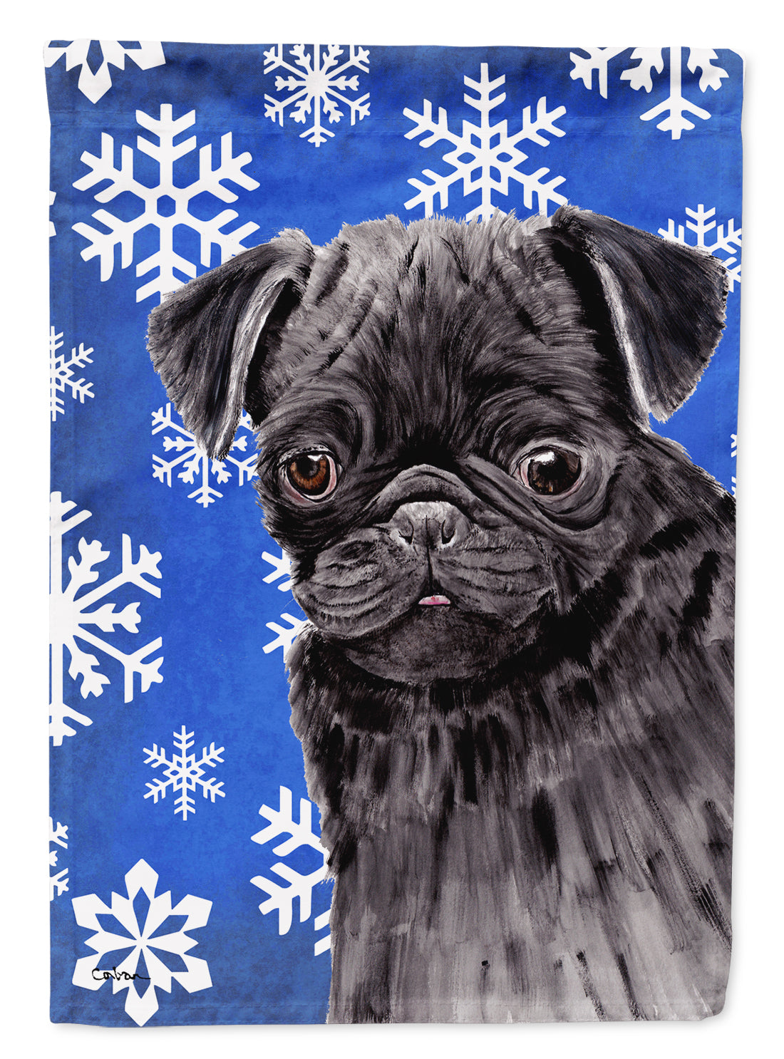 Pug Winter Snowflakes Holiday Flag Canvas House Size  the-store.com.