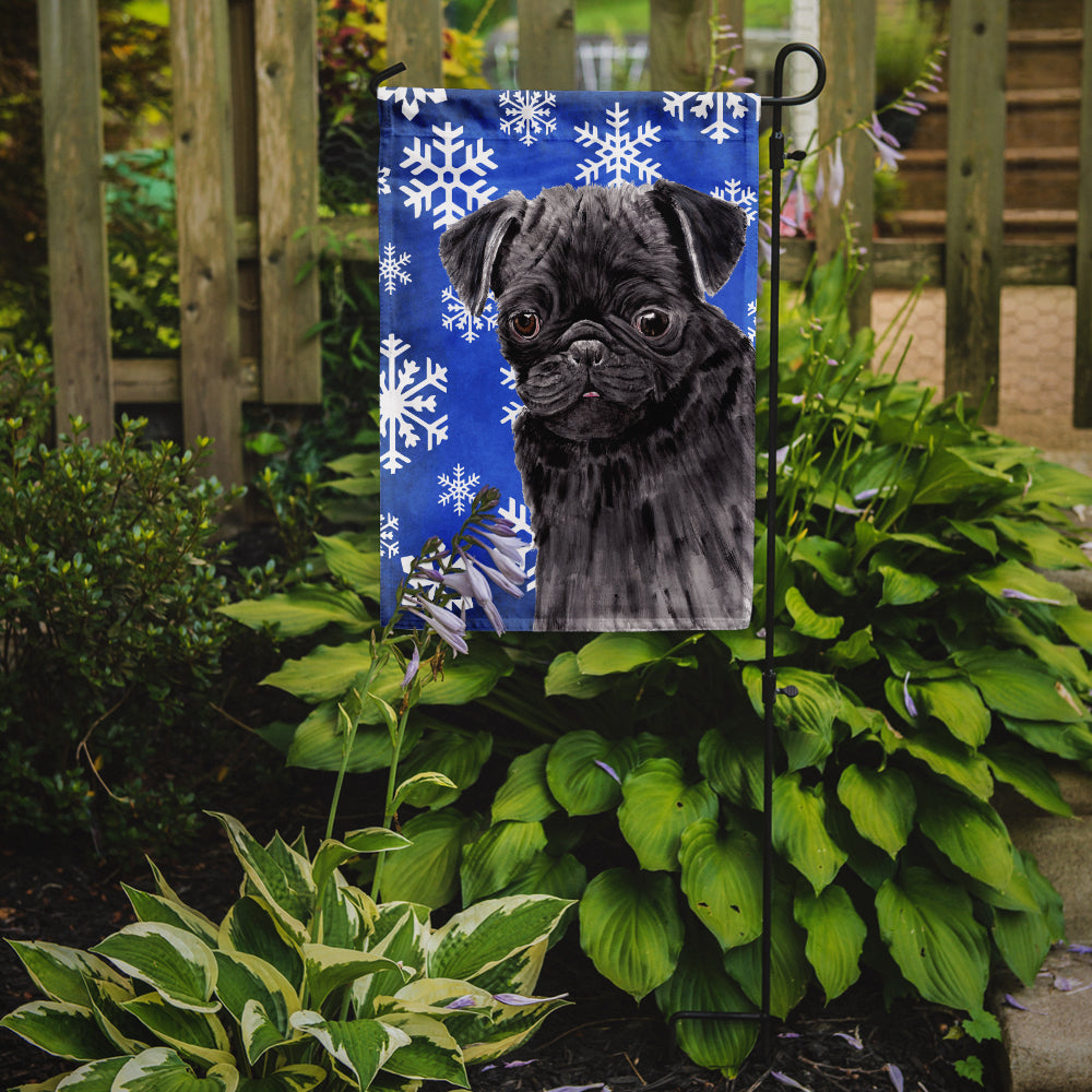 Pug Winter Snowflakes Holiday Flag Garden Size.