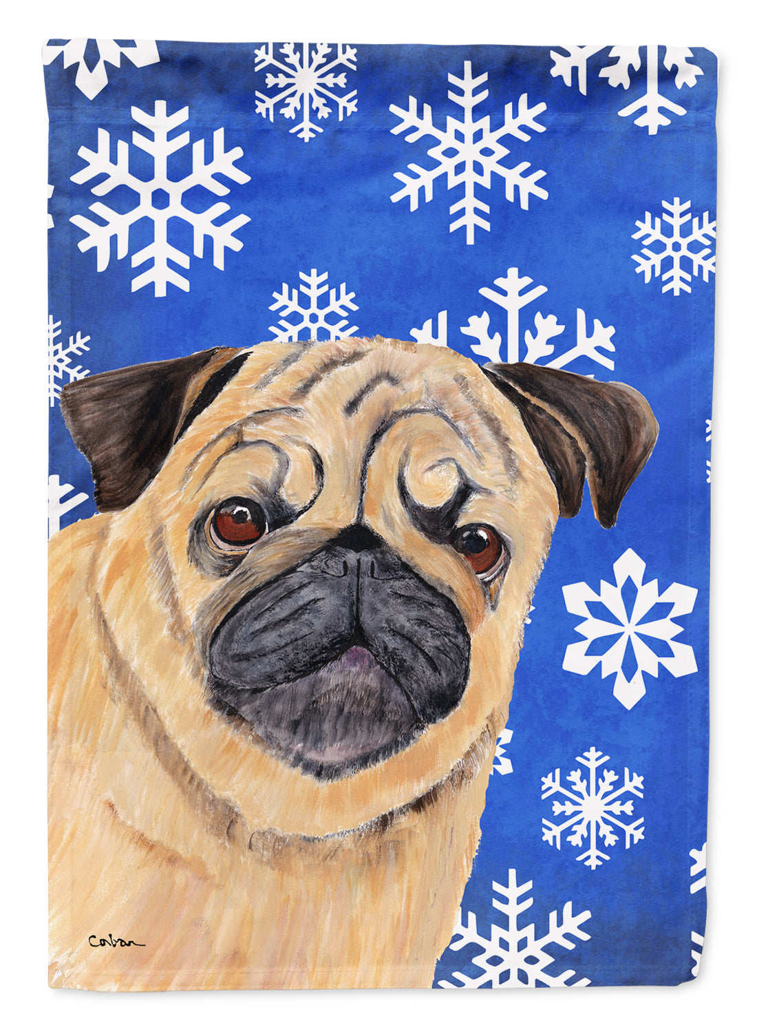 Pug Winter Snowflakes Holiday Flag Canvas House Size  the-store.com.