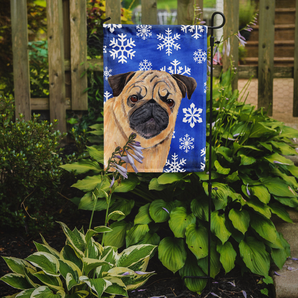 Pug Winter Snowflakes Holiday Flag Garden Size.