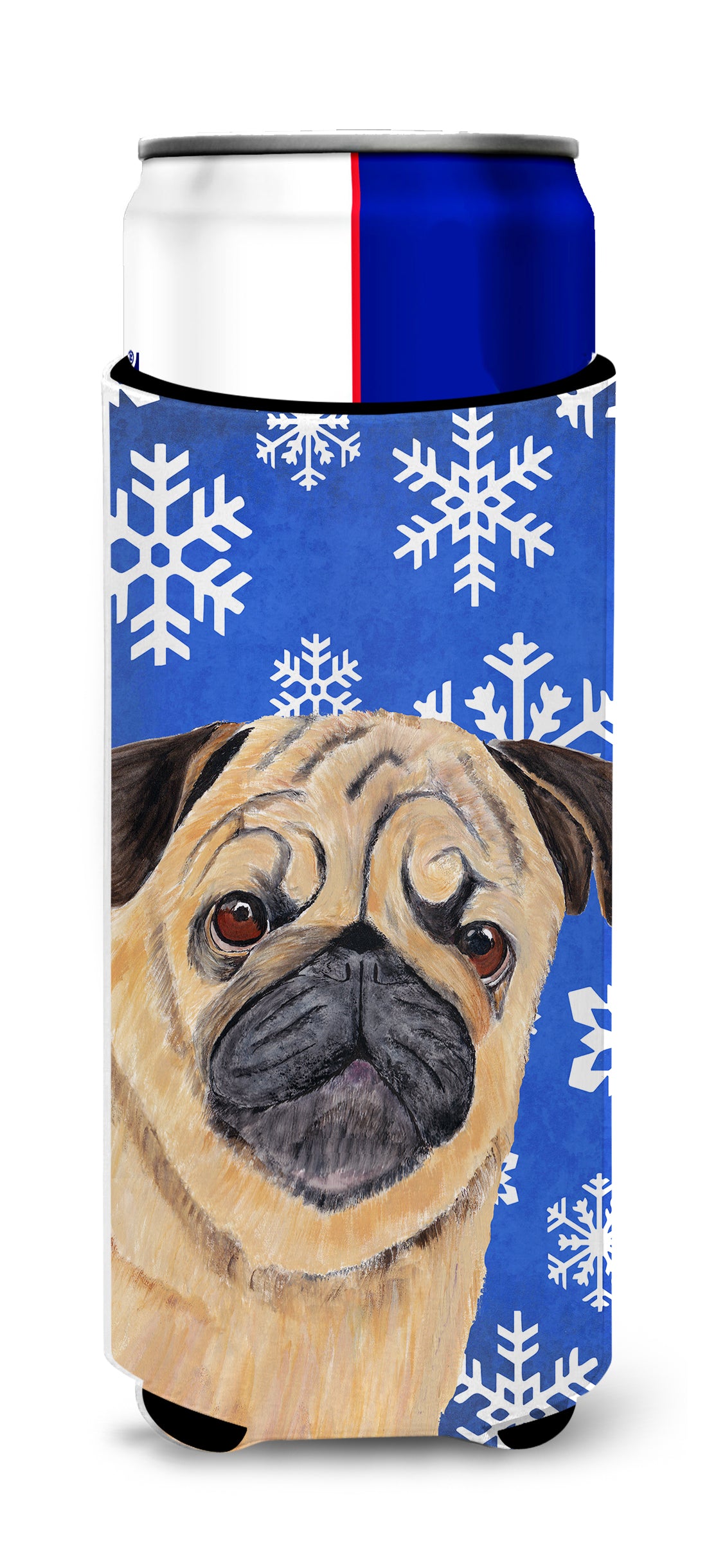 Pug Winter Snowflakes Holiday Ultra Beverage Insulators for slim cans SC9371MUK.