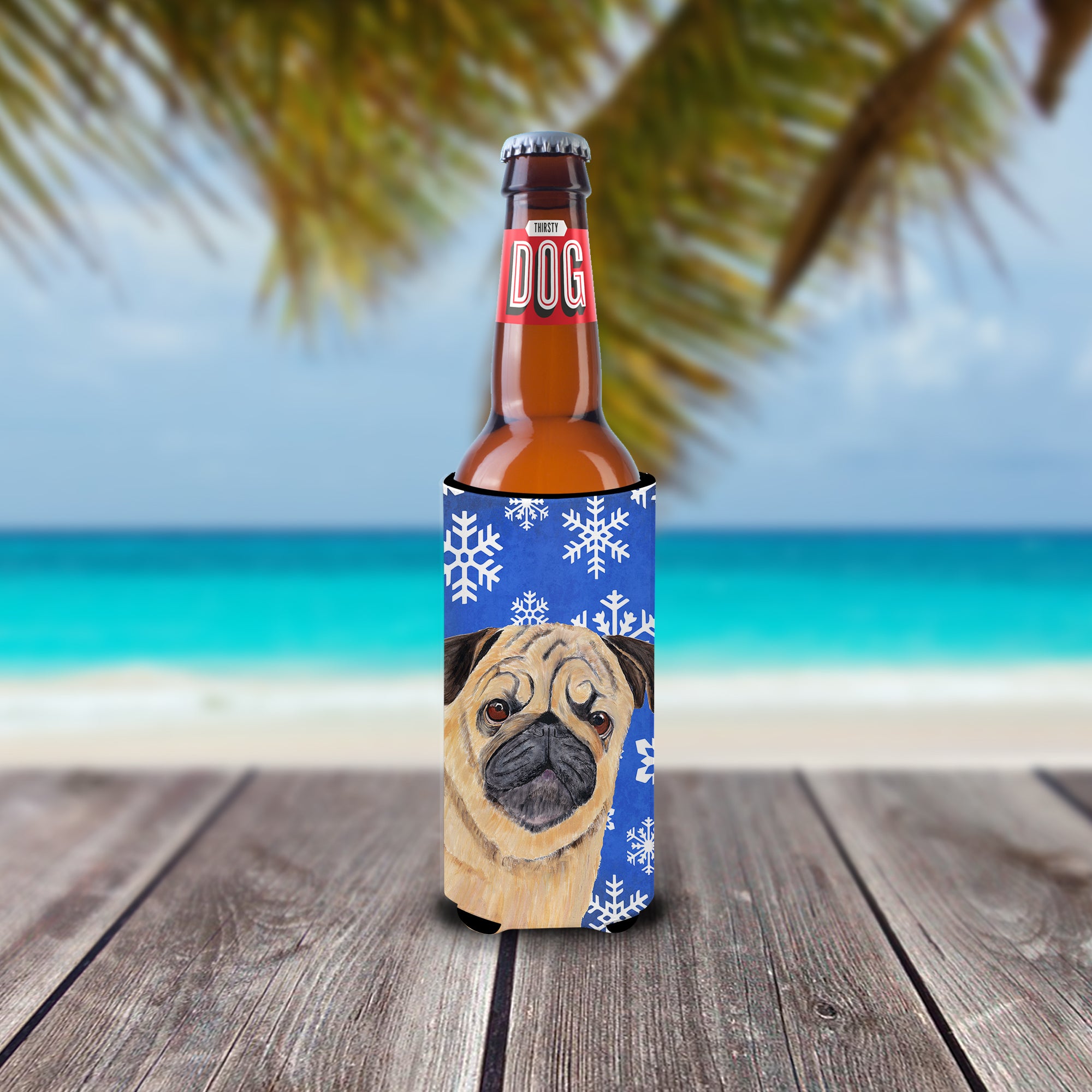 Pug Winter Snowflakes Holiday Ultra Beverage Insulators for slim cans SC9371MUK.