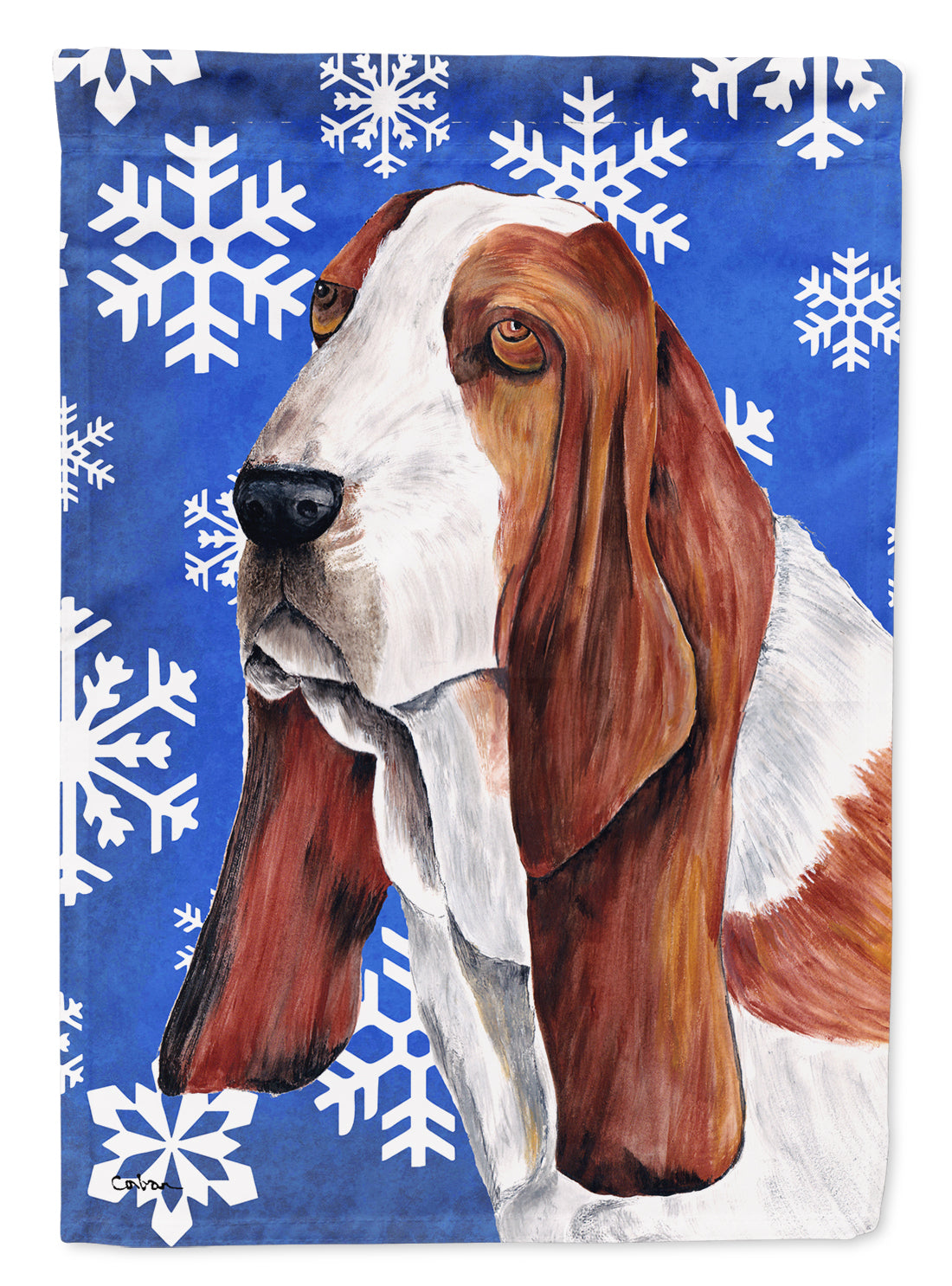 Basset Hound Winter Snowflakes Holiday Flag Canvas House Size  the-store.com.