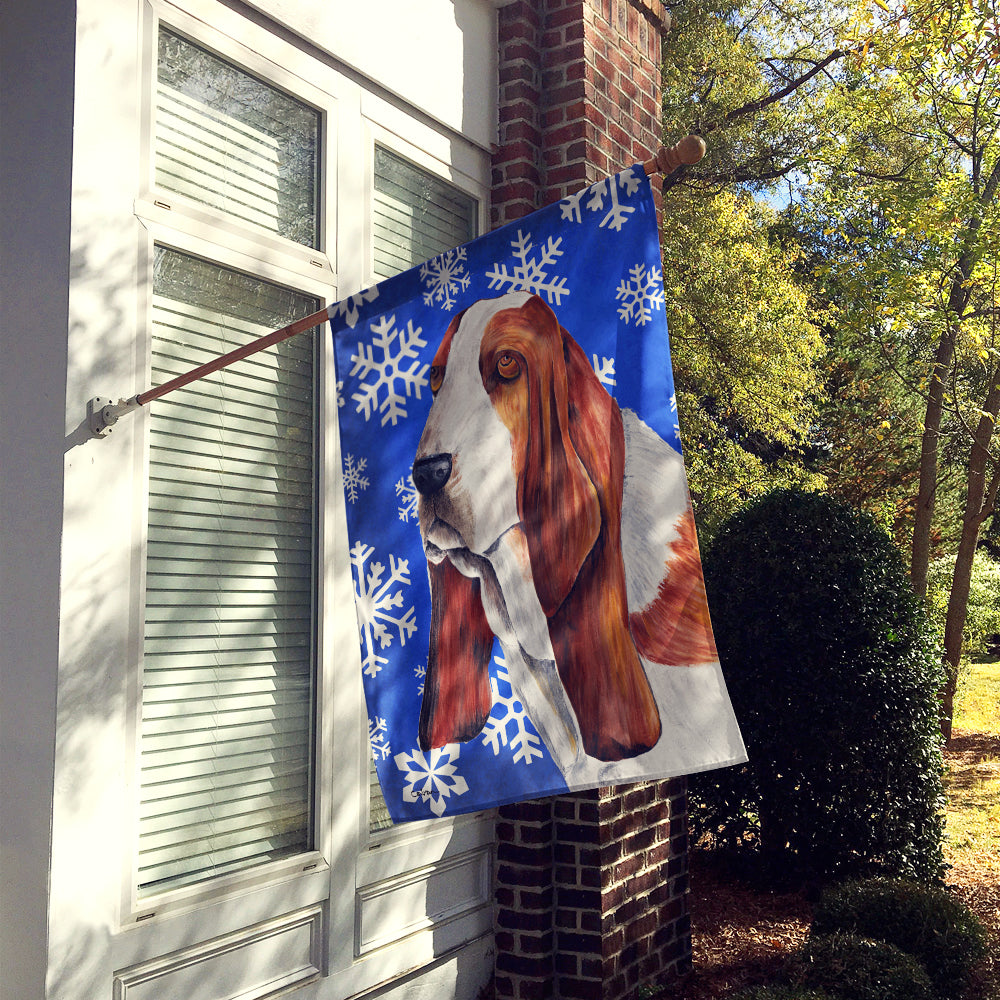 Basset Hound Winter Snowflakes Holiday Flag Canvas House Size  the-store.com.