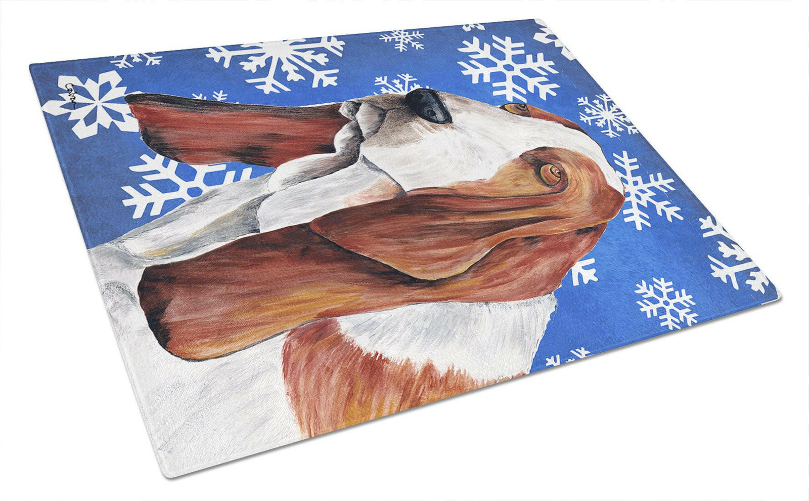 Basset Hound Winter Snowflakes Holiday Glass Cutting Board Large by Caroline's Treasures