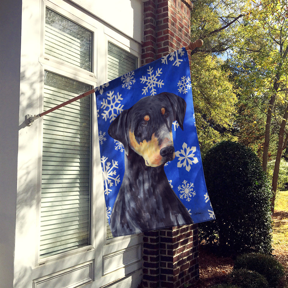 Doberman Winter Snowflakes Holiday Flag Canvas House Size  the-store.com.