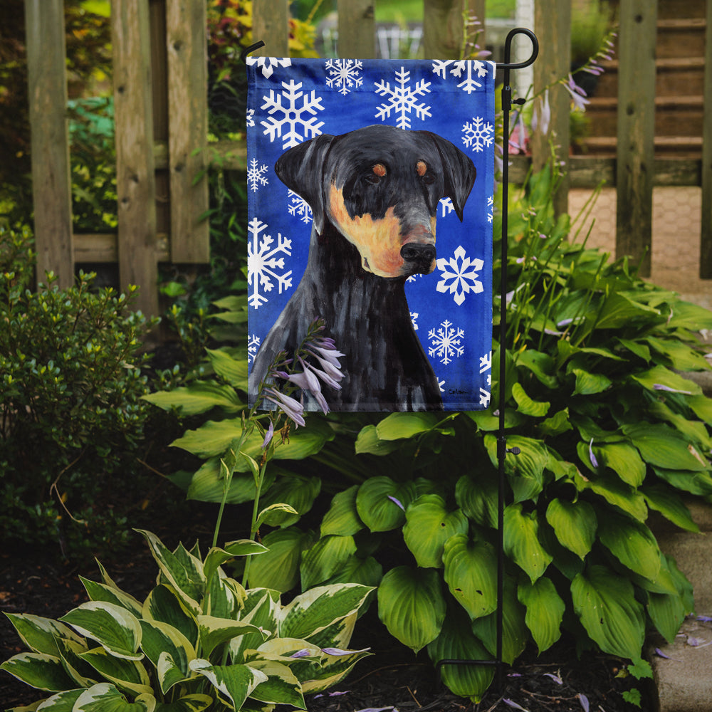 Doberman Winter Snowflakes Holiday Flag Garden Size.