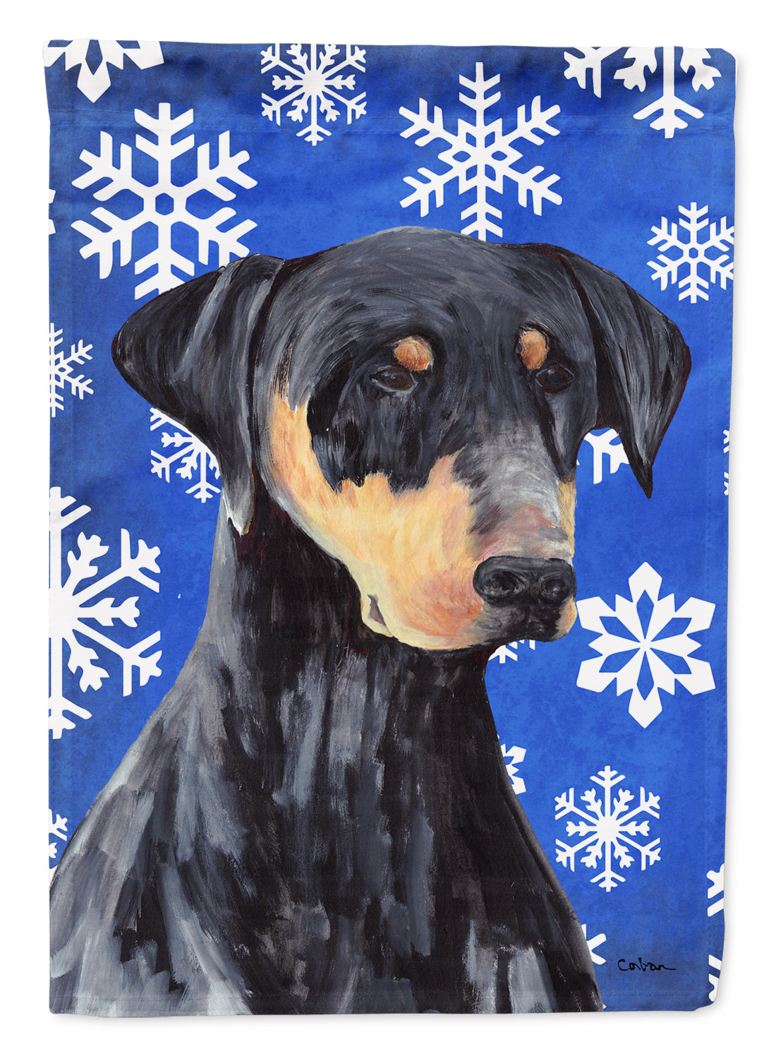 Doberman Winter Snowflakes Holiday Flag Garden Size.