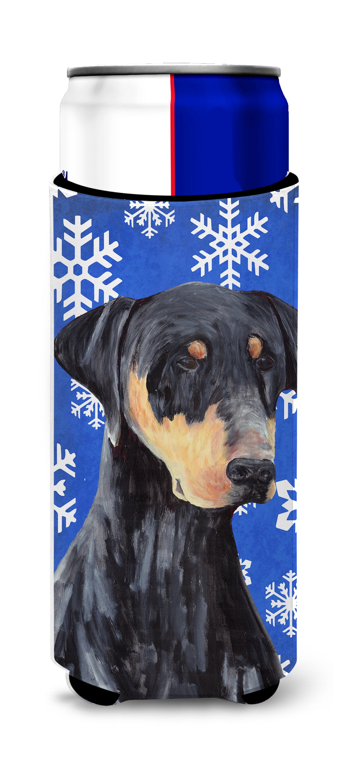 Doberman Winter Snowflakes Holiday Ultra Beverage Insulators for slim cans SC9377MUK.