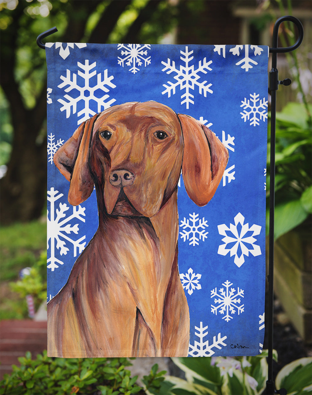 Vizsla Winter Snowflakes Holiday Flag Garden Size.