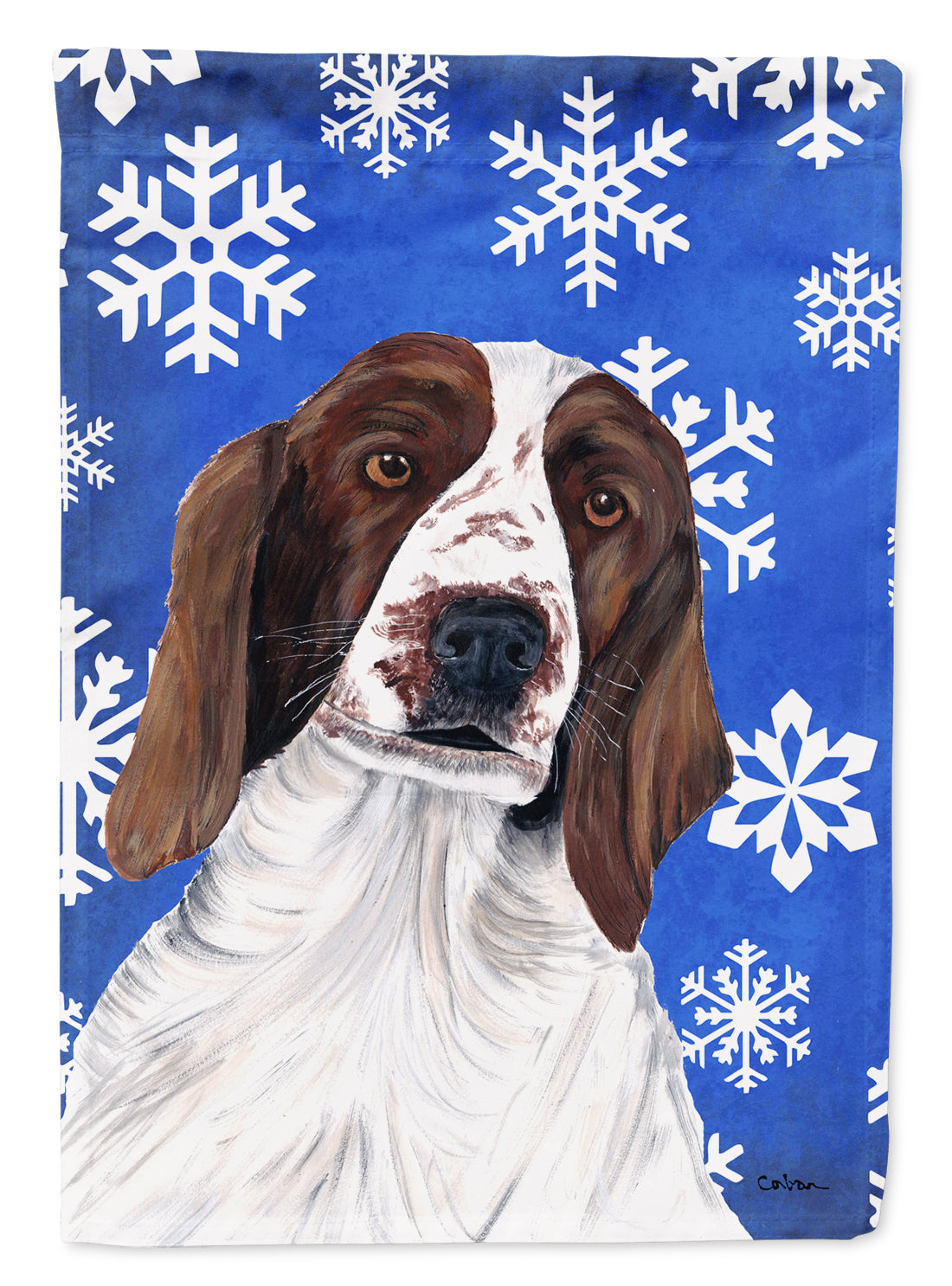 Welsh Springer Spaniel Winter Snowflakes Flag Canvas House Size  the-store.com.