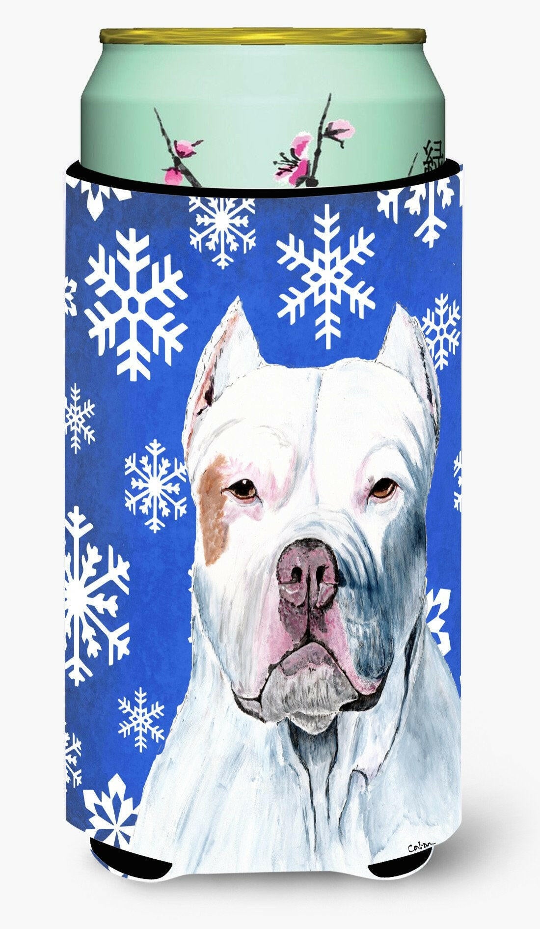 Pit Bull Winter Snowflakes Holiday  Tall Boy Beverage Insulator Beverage Insulator Hugger by Caroline's Treasures