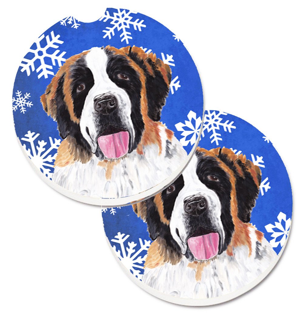 Saint Bernard Winter Snowflakes Holiday Set of 2 Cup Holder Car Coasters SC9382CARC by Caroline's Treasures