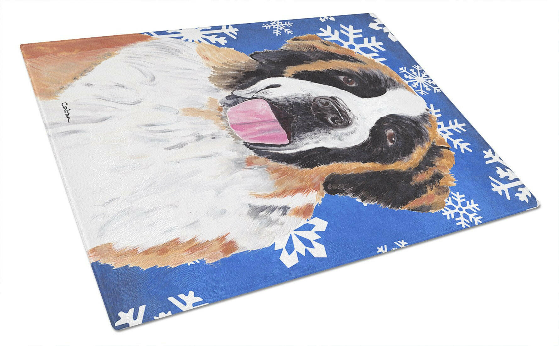 Saint Bernard Winter Snowflakes Holiday Glass Cutting Board Large by Caroline's Treasures