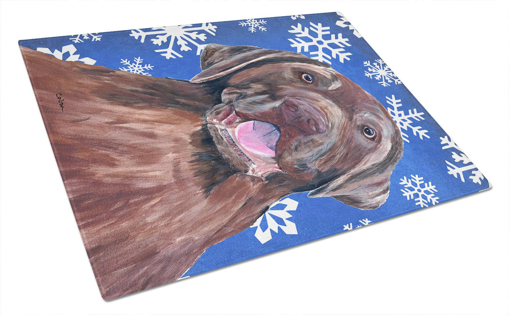 Labrador Winter Snowflakes Holiday Glass Cutting Board Large by Caroline's Treasures