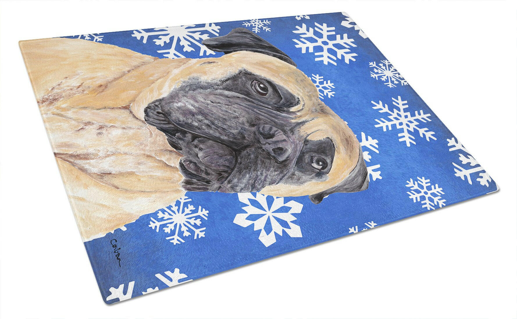 Mastiff Winter Snowflakes Holiday Glass Cutting Board Large by Caroline's Treasures