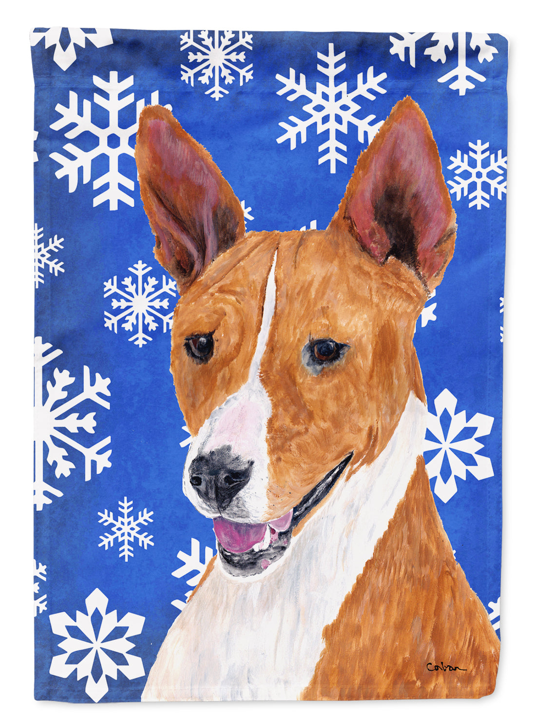 Basenji Winter Snowflakes Holiday Flag Canvas House Size  the-store.com.