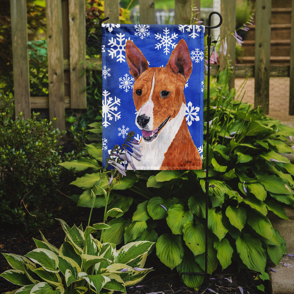 Basenji Winter Snowflakes Holiday Flag Garden Size.