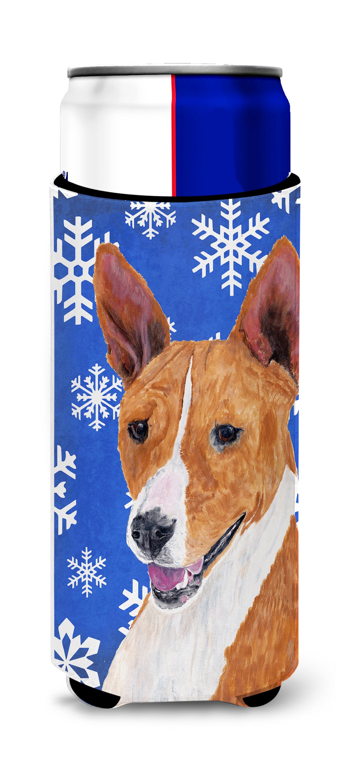 Basenji Winter Snowflakes Holiday Ultra Beverage Insulators for slim cans SC9387MUK.