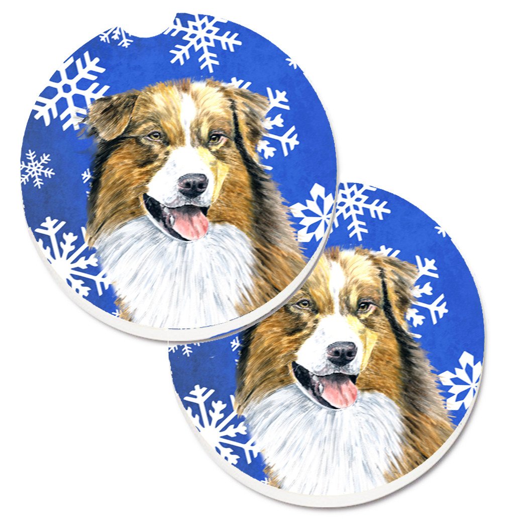 Australian Shepherd Winter Snowflakes Holiday Set of 2 Cup Holder Car Coasters SC9397CARC by Caroline's Treasures