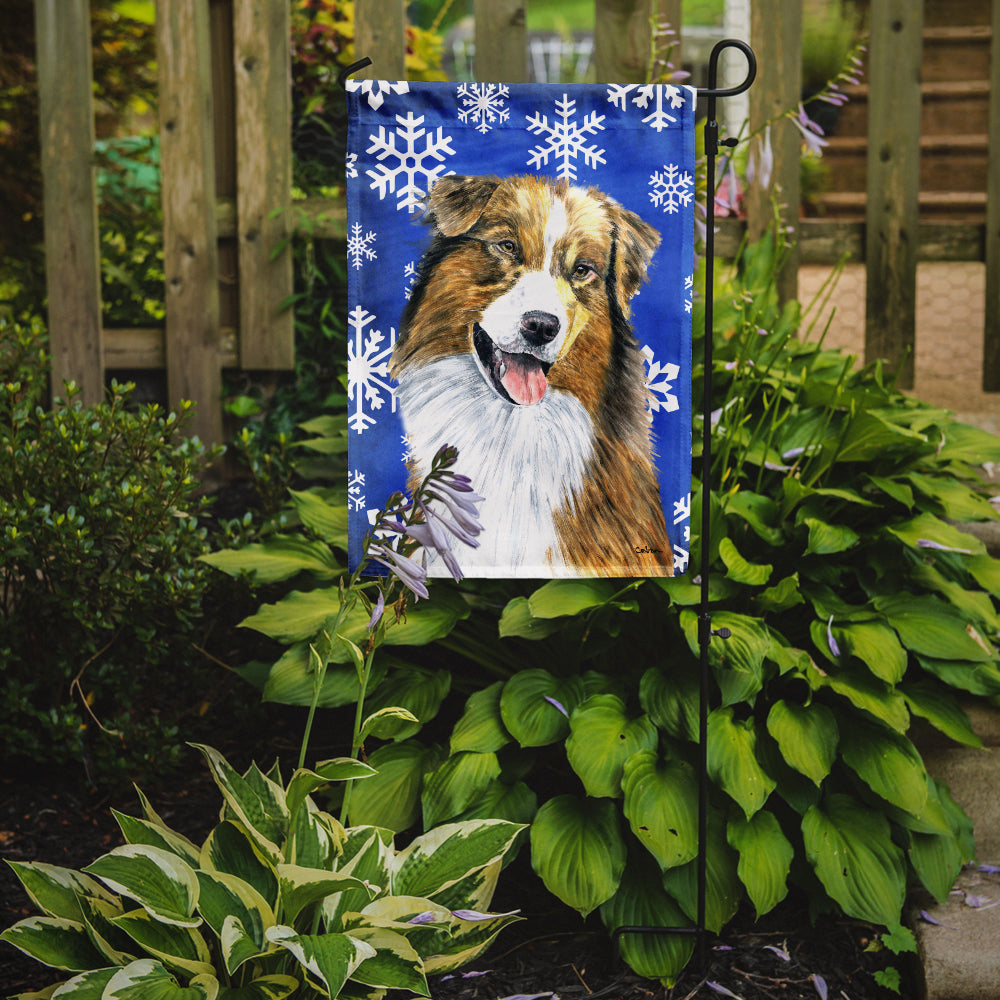 Australian Shepherd Winter Snowflakes Holiday Flag Garden Size.