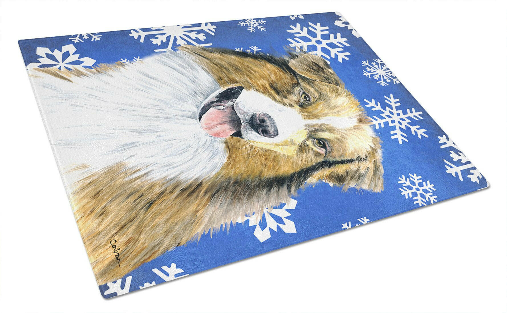 Australian Shepherd Winter Snowflakes Holiday Glass Cutting Board Large by Caroline's Treasures